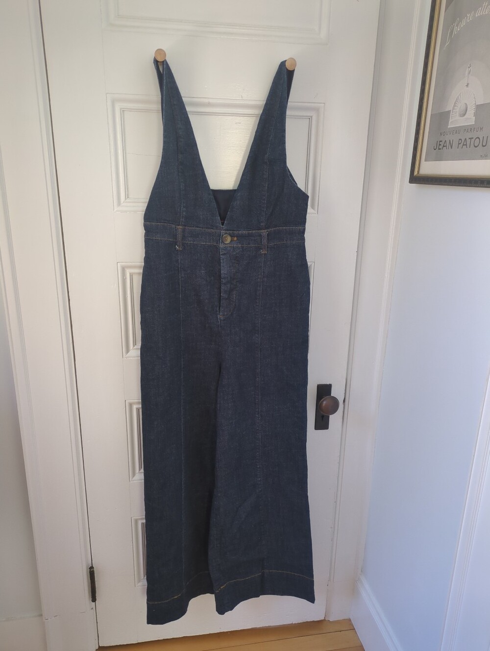 Anthro wide leg Pilcro dark denim Jumpsuit Overall 8 M - Picture 4 of 10